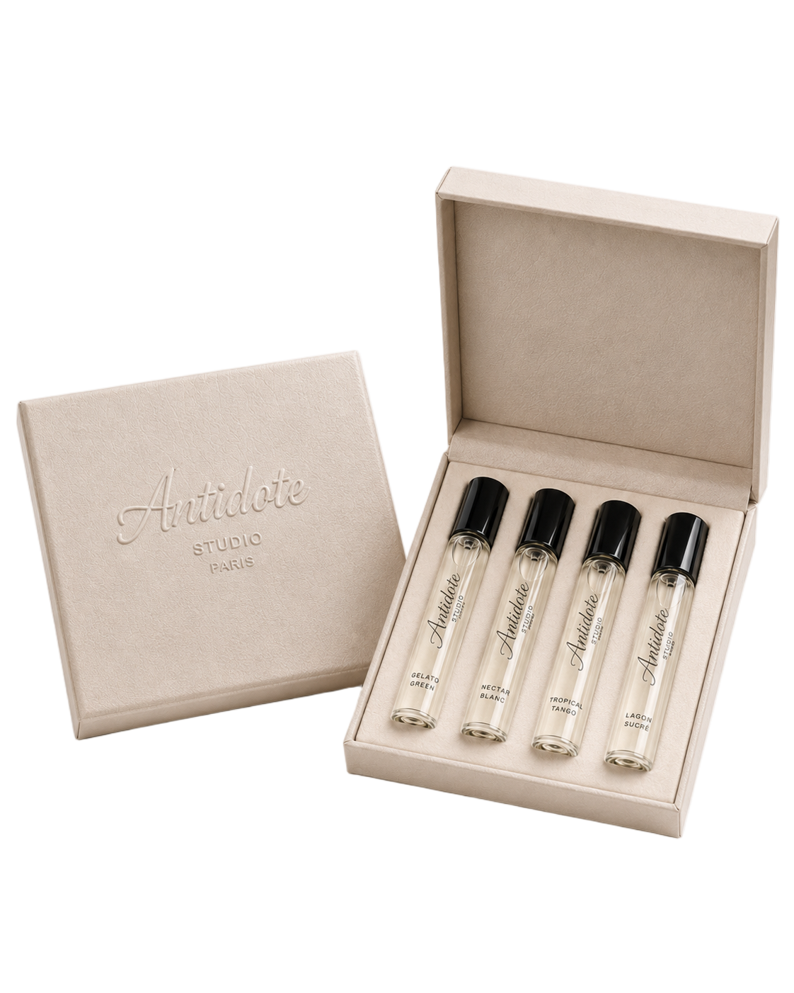 Coffret Découverte Antidote Parfums Paris - coffret ouvert avec 4 miniatures